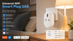 Universal WiFi Smart Plug UAE with Tuya Smart Life app support, energy monitoring, Alexa and Google Home voice control, white smart socket.