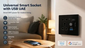 Universal Smart Socket with USB-A & USB-C PD 20W, WiFi Smart Life Tuya App, Alexa & Google Home Compatible, Black UAE