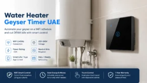 WiFi smart water heater geyser timer switch installed beside a water heater in the UAE, featuring Tuya Smart Life app control, daily scheduling, 20A power rating, and energy-saving automation.