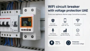 Protect your home electronics and equipment with the WiFi circuit breaker with voltage protection UAE. This 63A dual-pole breaker automatically detects and trips on dangerous over/under voltage, while offering remote control, real-time energy monitoring, and prepaid energy mode via Tuya and Smart Life apps.