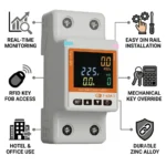 WiFi single phase DIN rail smart energy meter with LCD display for voltage, current, power, energy monitoring and overload protection.