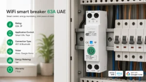 Control your main electrical circuit remotely with the WiFi smart breaker 63A UAE. Monitor real-time energy usage, automate switching, and receive overload alerts via smartphone, compatible with Google Home, Alexa, and Smart Life apps.