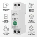 WiFi Smart DIN Rail Energy Meter Relay Switch 63A with remote app control, real-time energy monitoring, voltage and current protection, timer scheduling, and DIN rail installation.