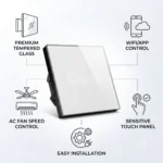 White WiFi smart fan dimmer touch switch with tempered glass panel, app control, fan speed adjustment, and sensitive touch controls for home automation.