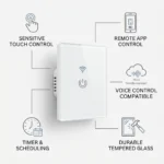 WiFi smart touch light switch with tempered glass panel, remote app control, Alexa and Google Assistant compatibility, timer scheduling, and sensitive touch control for smart homes in Dubai, UAE.