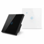 WiFi smart touch water heater switch with tempered glass panel in black and white, app-controlled wall switch for smart homes in Dubai, UAE.