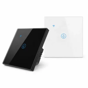 WiFi smart touch water heater switch with tempered glass panel in black and white, app-controlled wall switch for smart homes in Dubai, UAE.