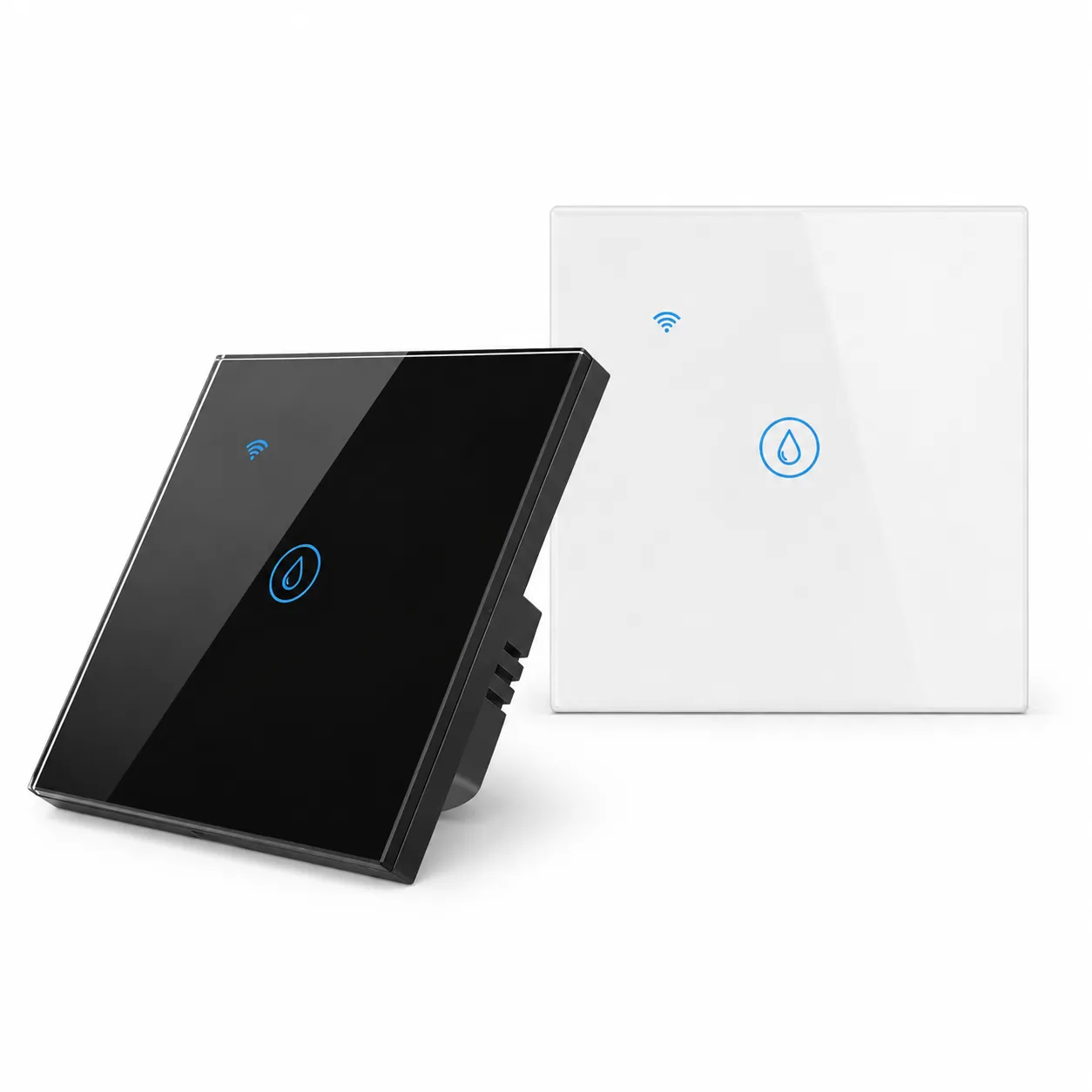 wifi-smart-touch-water-heater-switch-black-dubai WiFi smart touch water heater switch with tempered glass panel in black and white, app-controlled wall switch for smart homes in Dubai, UAE.