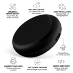 Black WiFi Smart Universal IR Remote Control featuring Tuya app control, 360-degree IR signal emission, easy installation, Micro-USB power, and compatibility with TVs, air conditioners, audio systems, and other infrared devices