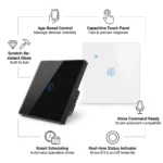 WiFi touch smart switch with tempered glass panel in black and white, app control, voice assistant compatibility, capacitive touch, and smart scheduling.